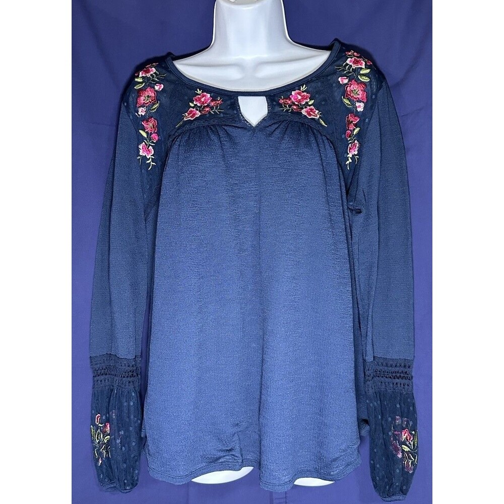Time and Tru Blue Embroidered Boho Peasant Top - Size L (12-14)